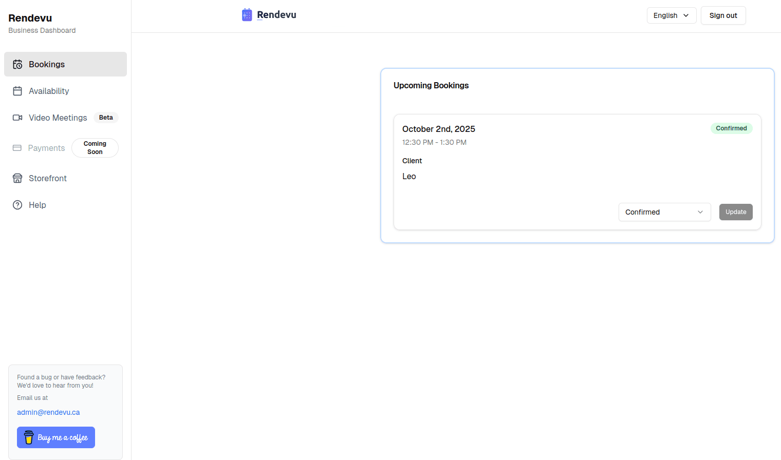 Provider dashboard showing upcoming bookings